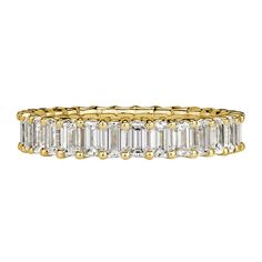 Created in 18k yellow gold, this stuning diamond eternity band showcases 2.66ct of emerald cut diamonds graded at E-F, VVS2-VS1. They are each hand selected and set in a "U-prong" sharing setting style with hardly any metal showing. All eternity bands are shown in a size 6.5. We custom craft each eternity band and will create the same design for you in your desired ring size. Please contact us with any questions. Thank you. Emerald Cut Diamond Eternity Band, Mark Broumand, Diamond Eternity Band, Emerald Cut Diamond, Modern Ring, Eternity Band Diamond, Diamond Eternity, Emerald Cut Diamonds, Eternity Band