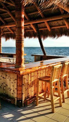 an outdoor bar with stools under thatched roof next to the ocean