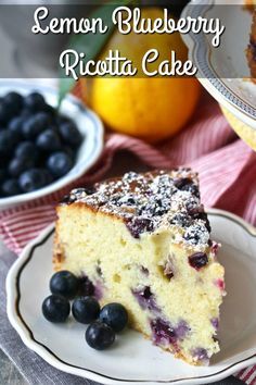 a slice of lemon blueberry ricotta cake on a plate