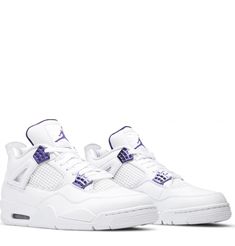 This is a pair of Air Jordan 4 Retro in men's size 10.5. Color is white/metallic silver-court purple. Includes box. These have been worn and do have some minor flaws such as some scuffs on the exterior and a loose thread. However they are still in good condition overall. Launching as part of a four-piece Metallic Pack, the Air Jordan 4 Retro ‘Purple Metallic’ showcases a simple two-tone color scheme on the classic mid-top silhouette. The sneaker utilizes a pristine white leather build, accented with violet pops of contrasting color on the molded eyelets, visible Air sole unit and exterior branding hits, including signature Jumpman logos at the woven tongue tag and heel panel. Jordan 4s, Jumpman Logo, Air Jordan 4 Retro, Fresh Shoes, Jordans For Men, Nike Jordan, Jordan Shoes, Dream Shoes, Sneaker Head