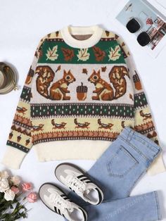 Style:Casual \nType:Pullovers \nHem Shaped:Regular \nNeckline:Round Neck \nSleeve Type:Regular Sleeve \nDetails:Rib-Knit \nColor:Multicolor \nPattern Type:Animal \nPattern Type:Christmas \nPattern Type:Striped \nPattern Type:Plants \nSleeve Length:Long Sleeve \nLength:Regular \nFit Type:Loose \nFabric:Medium Stretch \nMaterial:Knitwear \nComposition:100% Polyester \nCare Instructions:Hand wash or professional dry clean \nSheer:Yes \n Women Sweaters, Knitting Women Sweater, Knitted Sweater, Retro Design, Rib Knit, Style Casual, Knitted Sweaters, Knitwear, Round Neck