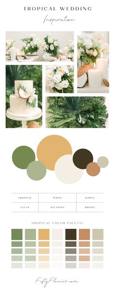 the wedding color scheme is shown in shades of green, brown and white