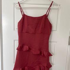 Nwt Beautiful Wine Colored Spaghetti Strap Mini Dress. Some Ruffles Throughout. Satiny Soft Material Spaghetti Strap Dress With Ruffle Hem For Date Night, Red Spaghetti Strap Dress With Ruffle Hem, Sundress With Ruffle Hem And Spaghetti Straps For Party, Lined Mini Dress With Ruffled Straps For Date Night, Fitted Sundress With Ruffle Hem And Spaghetti Straps, Fitted Sundress With Ruffled Straps For Party, Fitted Sundress With Spaghetti Straps And Ruffle Hem, Red Fitted Mini Dress With Ruffled Straps, Red Fitted Dress With Ruffled Straps