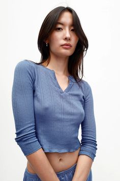 The Baby Henley French Blue – Cou Cou Intimates Casual Spring Henley For Everyday Wear, Spring Relaxed Fit Henley For Everyday, Spring Fitted Henley With Henley Neckline, Spring Henley In Relaxed Fit For Loungewear, Spring Henley With Relaxed Fit For Loungewear, Relaxed Fit Henley For Spring Loungewear, Spring Long Sleeve Henley For Loungewear, Blue Henley Neckline Top For Spring, Spring Crew Neck Henley For Everyday