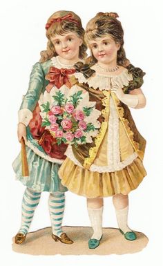 These two Victorian little girls seem to be best friends! One is holding a fan and the other child is holding a bouquet of flowers. Images Victoriennes, Victorian Pictures, Pretty Printables, Victorian Christmas