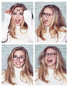 four pictures of a woman with glasses making funny faces and pulling her hair up to the side