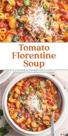 tomato florentine soup in a white bowl with parmesan cheese on top