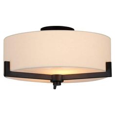 a light fixture with a white shade on the top and black metal frame, hanging from a