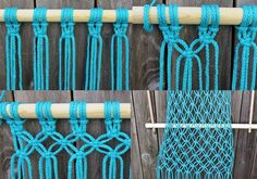 three pictures showing how to make a macrame wall hanging with yarn and wood