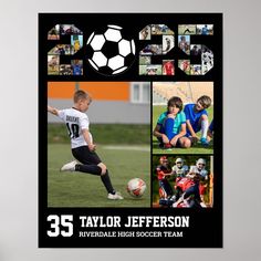 a black and white photo collage with photos of young boys in sports gear, including a soccer ball