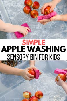 two children washing apples in a sink with text overlay that reads, simple apple washing sensory bin for kids