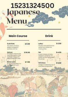 a menu for a japanese restaurant with an image of umbrellas on the water and clouds above