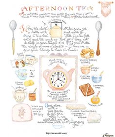 the afternoon tea poster is written in english and has an illustration of various items on it