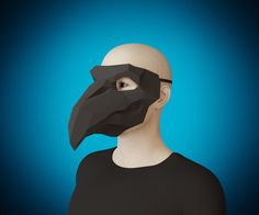 a man with a black mask on his face and a bird's head in the background