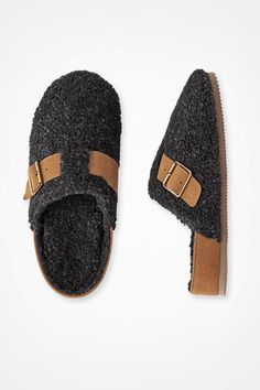 Slip into something comfortable. These slide-on slippers feature recycled Berber fleece uppers and lining, with suede mudguards and decorative straps. | Women's "Ela" Clogs by Acorn - Natural - Small Outdoor Wear, Black Media, Medium Size, Clogs, Slides, Heel Height, Slippers, Heels, How To Wear