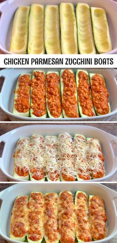 four images showing how to make chicken parmesan zucchini boats in the oven