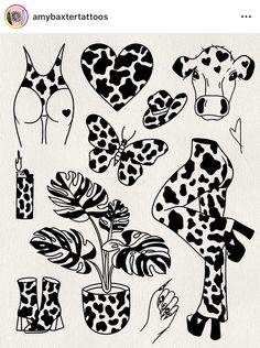 some black and white images with hearts, flowers, and giraffes on them