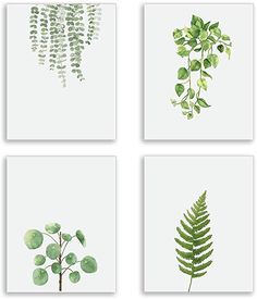 four watercolor paintings of green leaves on white paper