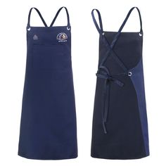 two aprons, one in blue and the other in black