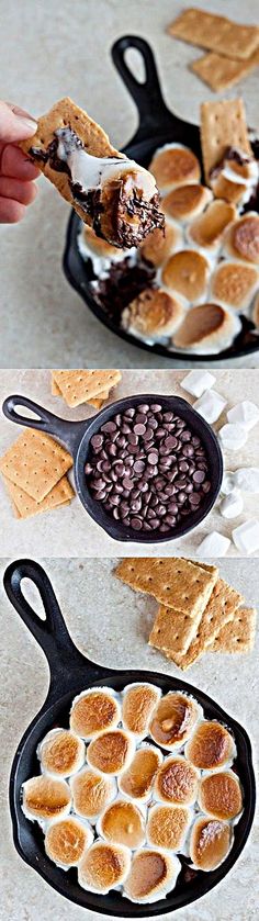 the process of making s'mores in a cast iron skillet is shown