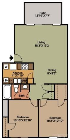 the floor plan for a two bedroom apartment with an attached bathroom and living room area