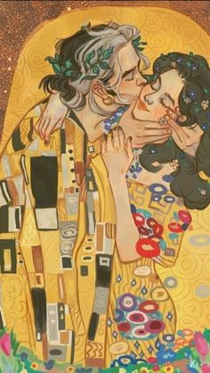 a painting of two people kissing each other in front of a gold background with flowers