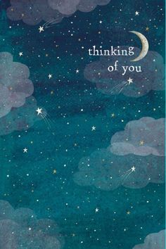 a card with the words thinking of you written on it and stars in the sky