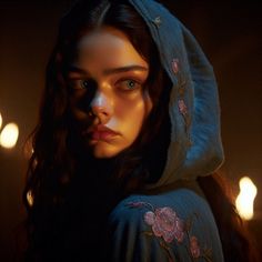 a woman wearing a blue hoodie with candles in the background and her eyes glowing