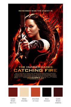 the poster for the movie's upcoming film, catching fire is displayed on a brick wall