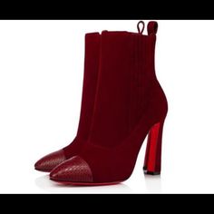 Tanin Burgundy Suede Short Heel Ankle Boots/Booties Size 37.5 Formal Winter Boots With Red Sole, Luxury Red Boots For Party, Luxury Boots With Red Sole For Fall, Luxury Fall Boots With Red Sole, Elegant Winter Boots With Red Sole, Elegant Burgundy Heels For Winter, Luxury Red Boots For Fall, Designer Red Party Boots, Designer Winter Evening Heels