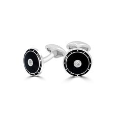 Silver round black enamelled cufflinks, each one set with a brilliant cut diamond. Swivel back fittings. Diamond Set, Ring Size Guide, Multi Stone, One Set, Gold Platinum, Black Enamel, Three Stone, Brilliant Cut Diamond, Cufflinks