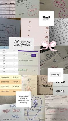 many different types of papers with writing and numbers on them, including one that has a pink bow