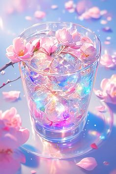 a glass filled with lots of pink flowers on top of a blue table covered in petals