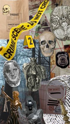 collage of various images with yellow caution tape and symbols on them, including two human heads