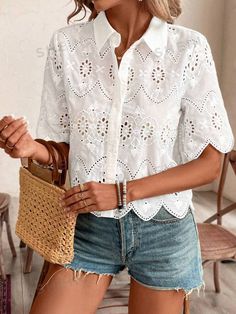 Color:White \nStyle:Boho \nSleeve Type:Regular Sleeve \nDetails:Button \nDetails:Eyelet Embroidery \nNeckline:Collar \nType:Shirt \nPattern Type:Plain \nSleeve Length:Short Sleeve \nLength:Regular \nFit Type:Loose \nFabric:Non-Stretch \nMaterial:Woven Fabric \nComposition:100% Polyester \nCare Instructions:Hand wash,do not dry clean \nBody:Unlined \nSheer:Semi-Sheer \n Batwing Sleeve Shirt, Short Shirt, Vacation Wear, Collar Cardigan, Cardigan Shirt, Embroidered Shorts, Women Blouses, Short Shirts, Batwing Sleeve