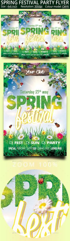 the spring festival flyer is shown in three different colors, including green grass and flowers