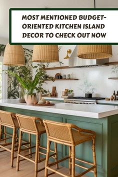 a kitchen with green cabinets and wicker chairs in front of the counter top is an island