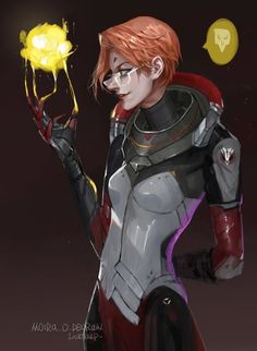 a woman with red hair and glasses is holding something in her hand while wearing a futuristic suit