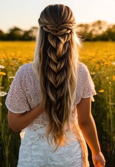 "A woman with long, thick hair styled in a loose, boho-inspired braid, walking through a field of flowers during golden hour. Her hair reflects the warm summer sunlight, with flowers in the background enhancing the free-spirited look." Free Spirited, Flower Field, Thick Hair, Golden Hour, Free Spirit