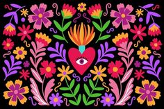 a colorful floral design with an eye in the center and flowers around it on a black background