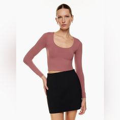 Nwt Aritzia Babaton Contour Scoopneck Long Sleeve In Corsa Red Size Xxs. Fitted Scoop Neck Top In Elastane, Elegant Scoop Back Top For Spring, Chic Scoop Neck Elastane Crop Top, Chic Solid Color Tops With Scoop Back, Elegant Spring Top With Scoop Back, Chic Solid Tops With Scoop Back, Fitted Elastane Top With Scoop Back, Chic Stretch Crop Top With Scoop Neck, Pink Seamless Scoop Neck Top