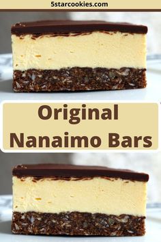 two pieces of cheesecake with chocolate on top and the words original banana bars above it