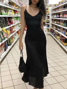 Formal Outfits Aesthetic Dress, 90s Long Black Dress, Black Silk Formal Dress, Aesthetic Black Dress Formal, Black Maxi Dress Aesthetic, Silk Black Prom Dress, Black Formal Dress Aesthetic, Long Black Dress Outfit Formal, Black Dress Aesthetic Long