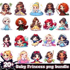 the 20 baby princess png bundle is shown in various styles and colors, including red hair