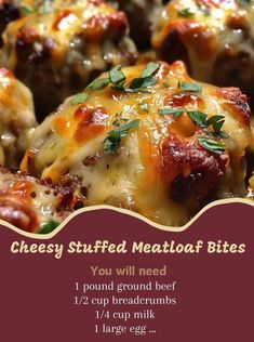 cheese stuffed meatloaf bites recipe with instructions on the front and back side, in a red frame