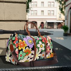 Retro hippie flowers Waterproof Travel Bag, colorful travel luggage, ladies travel gift, PU leather, vintage retro design, carry on, holiday, vacation, overnight bag This personalized travel bag is all about style. Made with high-grade waterproof fabric, it's a highly durable means of transferring your essentials wherever you go. With multiple compartments, a resilient carrying handle, and an adjustable shoulder strap, it's the perfect companion for all your adventures.  .: High-grade nylon mate Personalized Travel Bag, Overnight Travel Bag, Waterproof Travel Bag, Hippie Flowers, Car Gifts, Holiday Vacation, 70s Retro, On Holiday, Overnight Bag