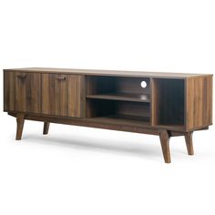 the sideboard is made out of wood and has two open shelves on one side