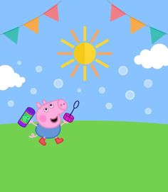 pep the pig running with a cell phone in his hand and a sun above him