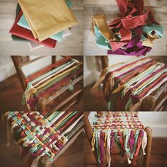 four pictures of different chairs with ribbons on them