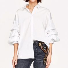 Genuine Zara New With Tag Material: Cotton Color:White Classic White Button Up With Dramatic Sleeves. Looks Great With Jeans Chic White Blouse With Roll-up Sleeves, Cotton Blouse With Cuffed Sleeves For Day Out, Casual White Blouse With Cuffed Sleeves, Spring White Shirt With Cuffed Sleeves, White Button-up Shirt With Cuffed Sleeves, White Cotton Blouse With Roll-up Sleeves, White Shirt With Cuffed Sleeves For Spring, White Shirt With Button Cuffs For Day Out, Chic Zara Cotton Shirt